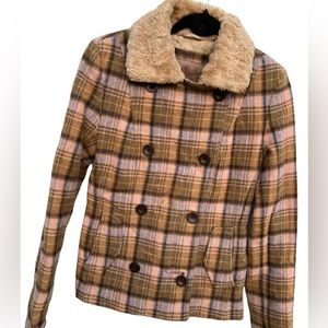 Buckle BKE ladies brown wool blend plaid short pee coat fur collar size Small